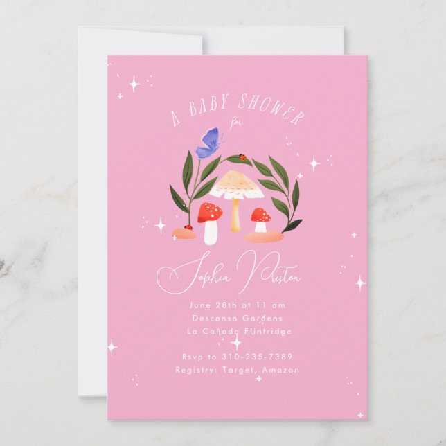 Magical Fairy Garden Mushrooms and Butterfly Baby  Invitation (Front)