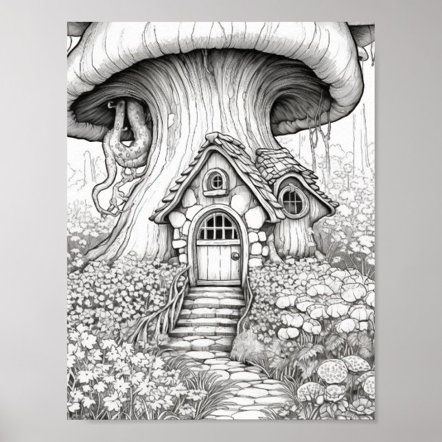 Magical Fairy Houses Adult Colouring Poster (Front)