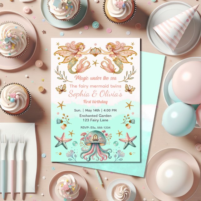 Magical Fairy Mermaid Twins Girl Birthday Party Invitation (Creator Uploaded)