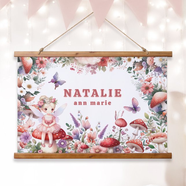 Magical Fairy Mushroom Garden Personalised Name Hanging Tapestry (Enchanted Fairycore Garden Custom Name Tapestry Wall Art Blonde Hair Fairy.)