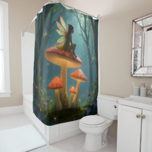 Magical fairy on neon mushrooms shower curtain