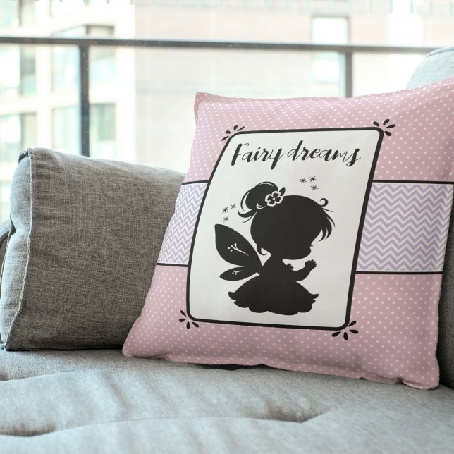 Magical Fairy Silhouette: Pink Polka Dot Delight Cushion (Magical Fairy Silhouette: Pink Polka Dot Delight Throw Pillow)