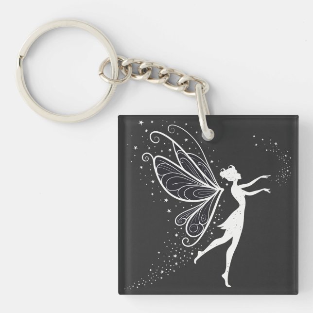 Magical Fairy Silhouette with Wings and Stars Key Ring (Front)