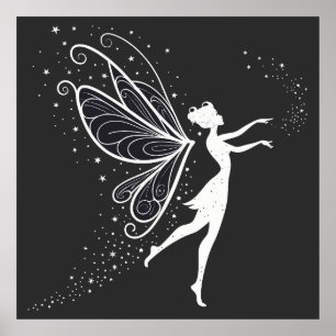 Magical Fairy Silhouette with Wings and Stars Poster