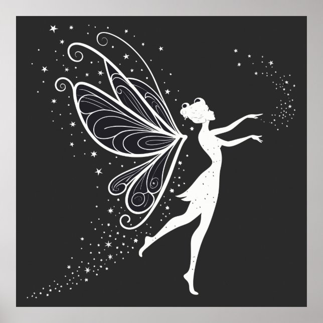 Magical Fairy Silhouette with Wings and Stars Poster (Front)