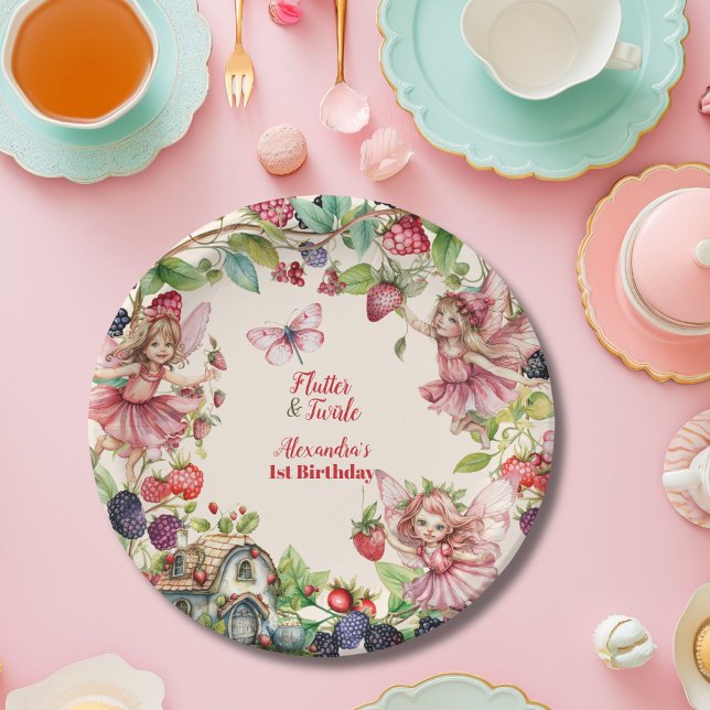 Magical Fairy Strawberry Garden Pixie 1st Birthday Paper Plate (Creator Uploaded)