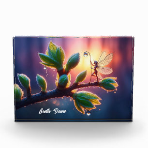 Magical fairy with dewdrop lantern on the branch photo block