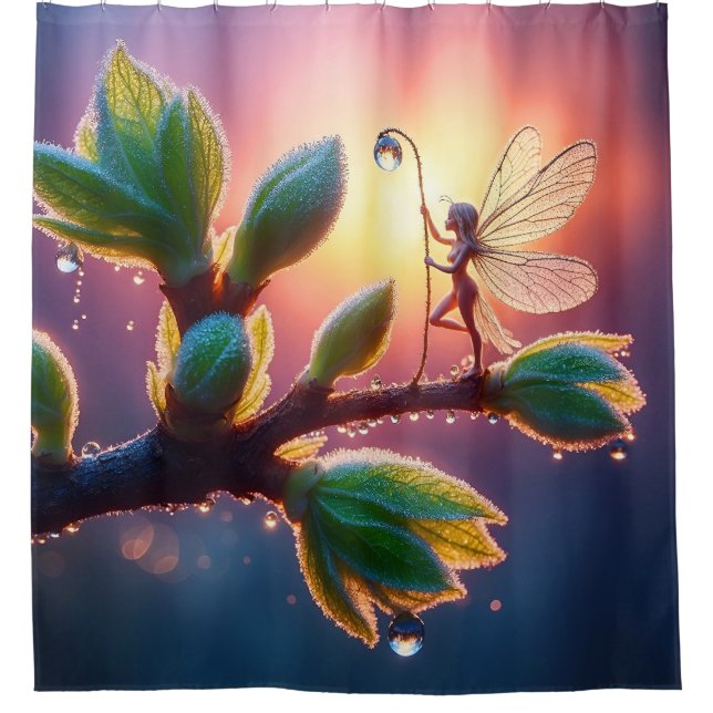 Magical fairy with dewdrop lantern on the branch shower curtain (Front)