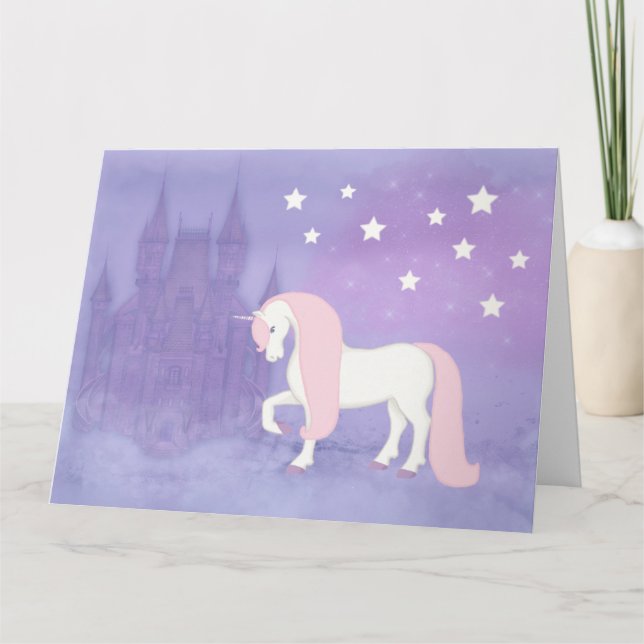 Magical Fairytale Unicorn Castle Stars Birthday Card (Front)