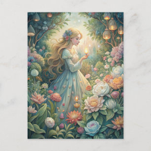 Magical Fairytale Young Woman Lanterns Garden Postcard