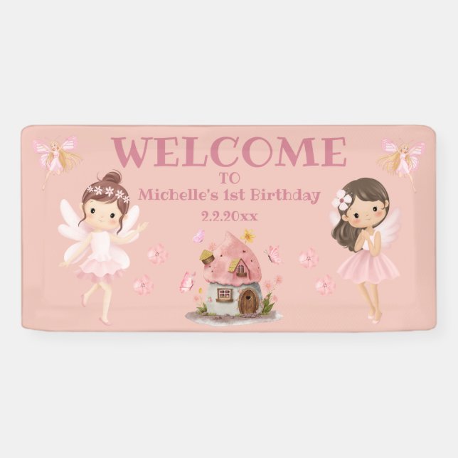 magical fairytales girl 1st birthday pink welcome banner (Horizontal)