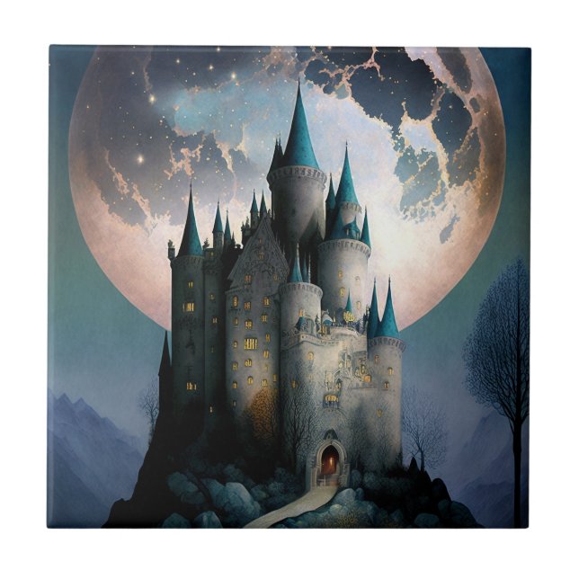 Magical Fantasy Castle Full Moon Ceramic Tile (Front)