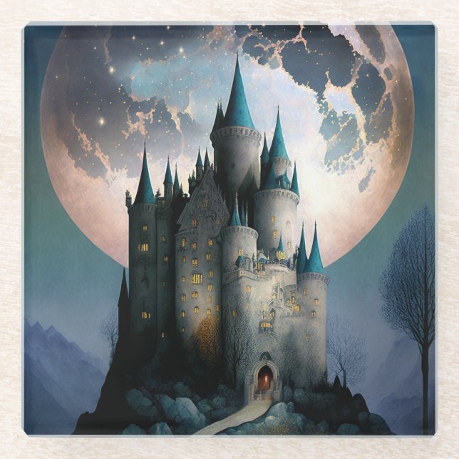 Magical Fantasy Castle Full Moon Glass Coaster (Front)