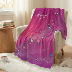 Magical Fantasy Dreamy Celestial Stars on Magenta  Fleece Blanket