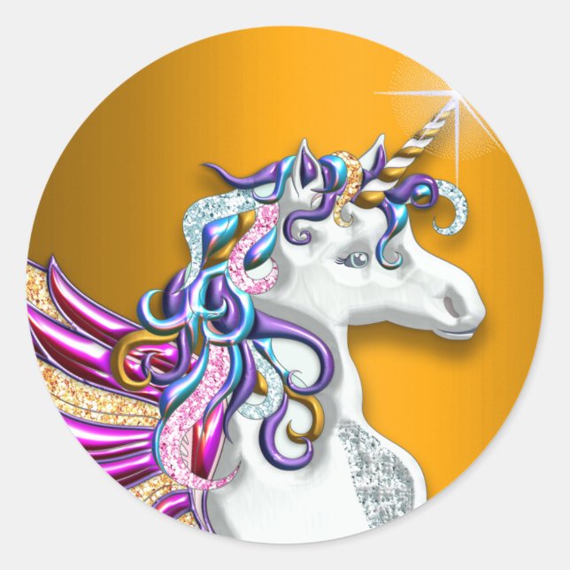Magical Fantasy Golden Unicorn Classic Round Sticker (Front)