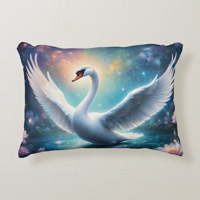 Magical fantasy swan midnight lake water lilies decorative cushion (Front)