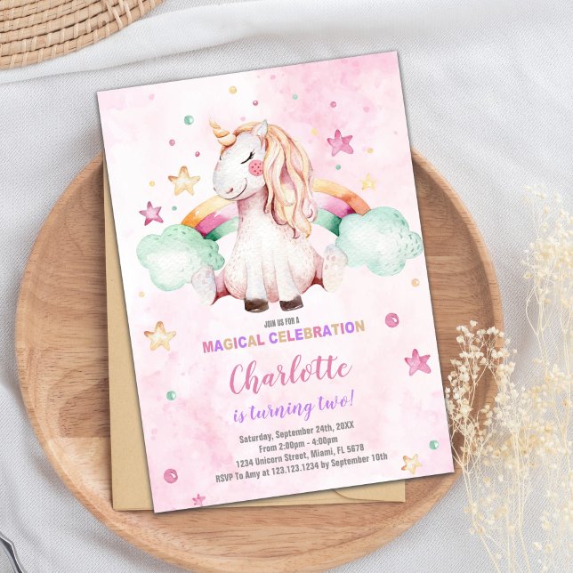 Magical Fantasy Theme for Girls Invitation (Green Cloud Rainbow Unicorn Cards)