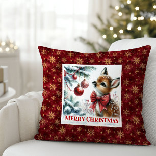 Magical festive scene baby fawn Christmas pillow 