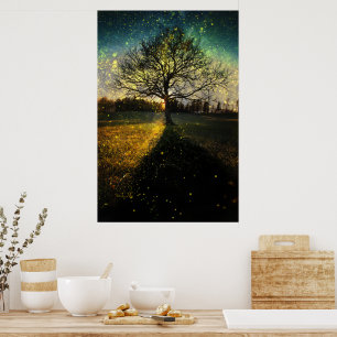 Magical fireflies dreamy landscape poster