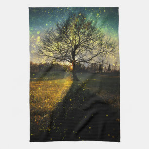 Magical fireflies dreamy landscape tea towel