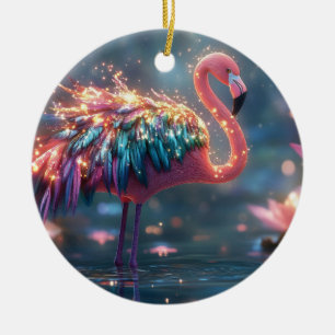 Magical Flamingo Fantasy Art with Colorful Feather Ceramic Ornament