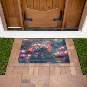Magical Flamingo Fantasy Art with Colorful Feather Doormat