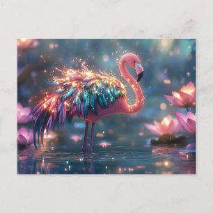 Magical Flamingo Fantasy Art with Colorful Feather Postcard