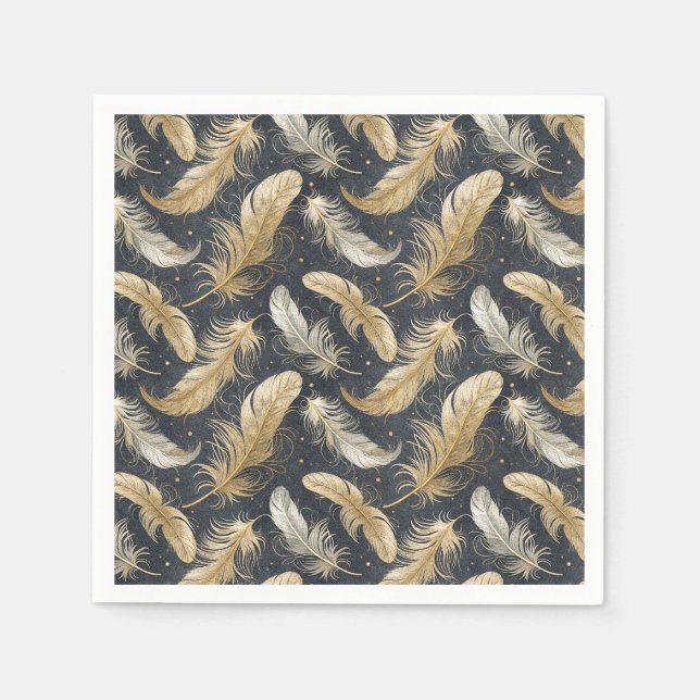 Magical Floating Golden Feathers Artwork Pattern Napkin (Front)