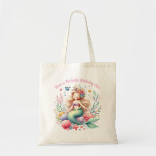 Magical Floral Cute Mermaid Girl Beach Birthday Tote Bag