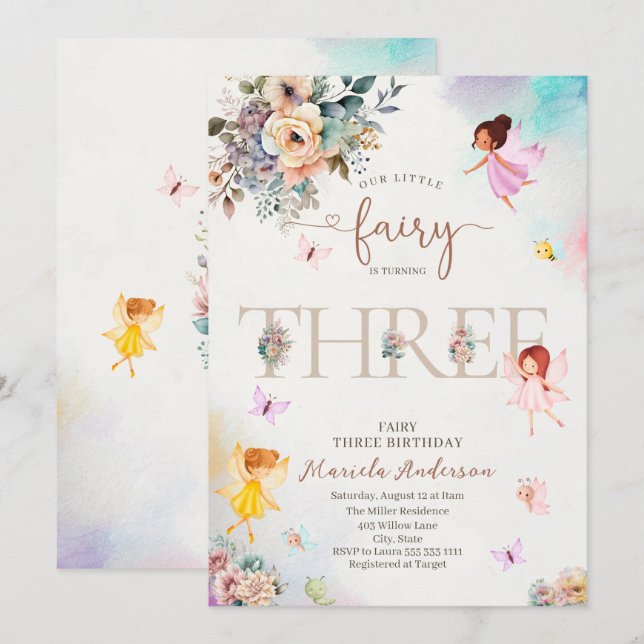 Magical Floral Fairy Princess is turning three  wa Invitation (Front/Back)