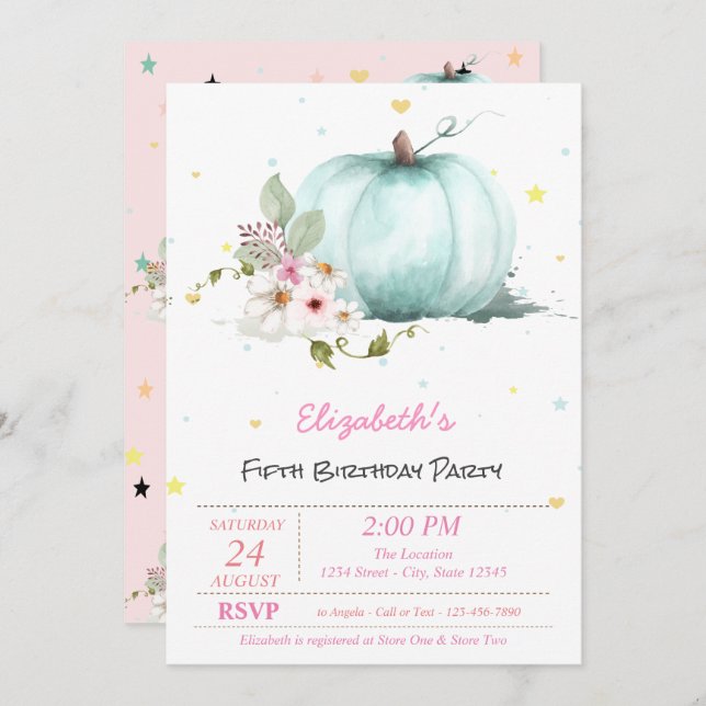 Magical Floral Pumpkin Stars Birthday Invitation (Front/Back)