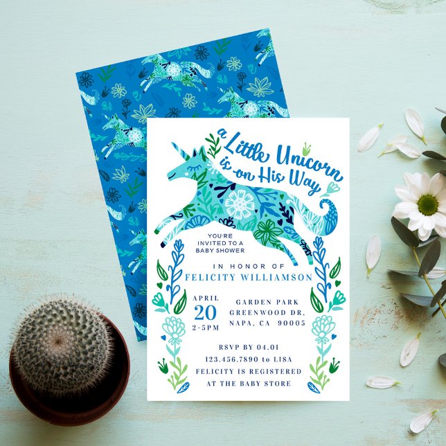 Magical Floral Unicorn Baby Boy Shower Invitation (Magical Floral Unicorn Baby Boy Shower Invitation)