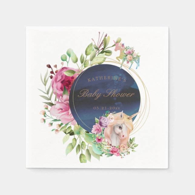 magical floral unicorn baby shower paper napkin (Front)