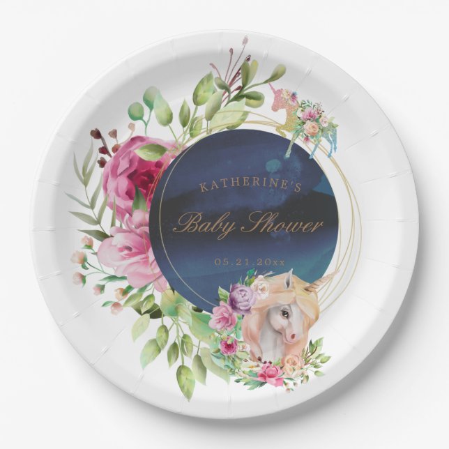 magical floral unicorn baby shower paper plate (Front)