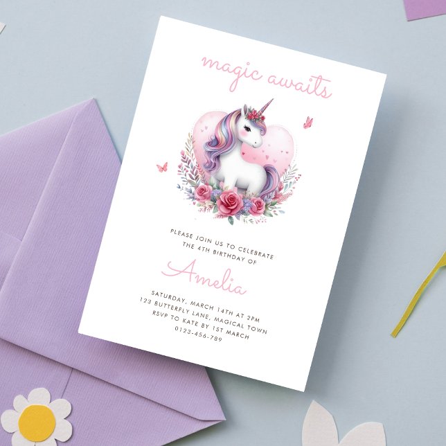 Magical Floral Unicorn Girlie Birthday Party Invitation (Creator Uploaded)