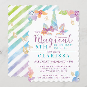 Magical Floral Unicorn Girl's Birthday Invitation