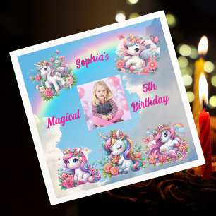 Magical Floral Unicorn Photo Kids Birthday Party  Napkin