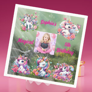 Magical Floral Unicorn Photo Kids Birthday Party Napkin