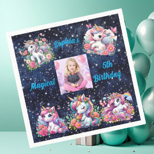 Magical Floral Unicorn Photo Kids Birthday Party Napkin