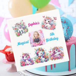 Magical Floral Unicorn Photo Kids Birthday Party Napkin