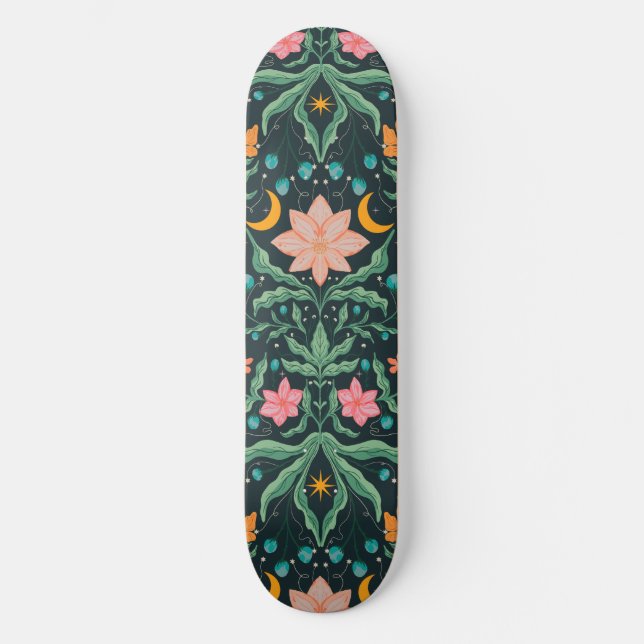 Magical flowers garden in starry night skateboard (Front)