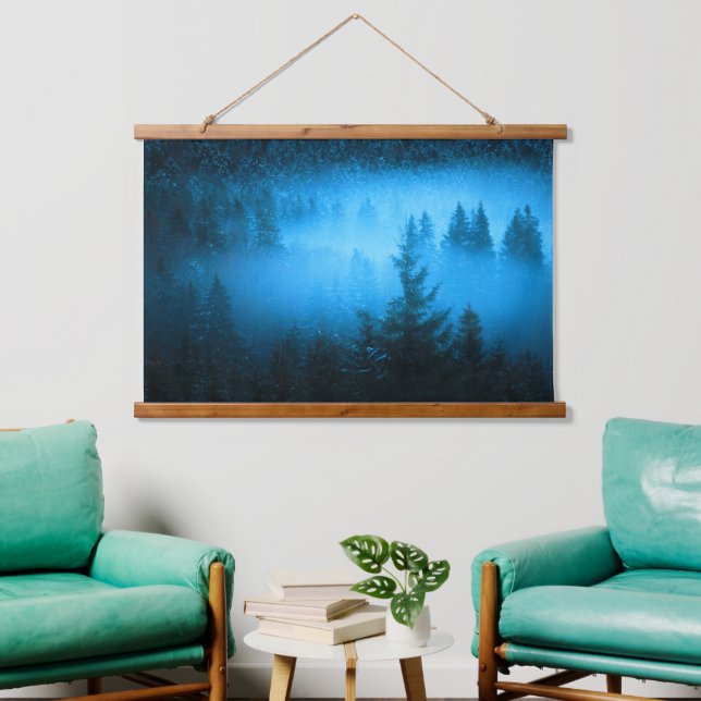 Magical fog in snowy spruce forest hanging tapestry (Living Room)