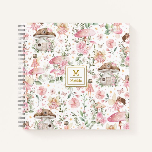 Magical Forest Fairy Pink Floral Garden Monogram Notebook (Front)