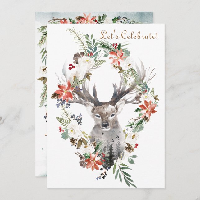 Magical Forest Floral Holiday Christmas Party Invitation (Front/Back)