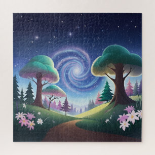 Magical Forest Gateway: Swirling Galaxy Jigsaw Puzzle