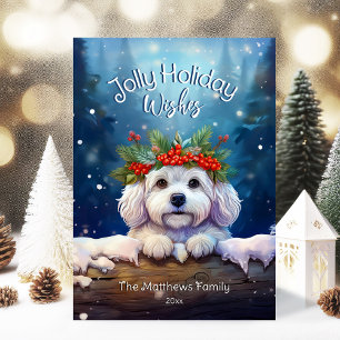 Magical Forest Jolly Christmas Wishes Bichon Frise Holiday Card