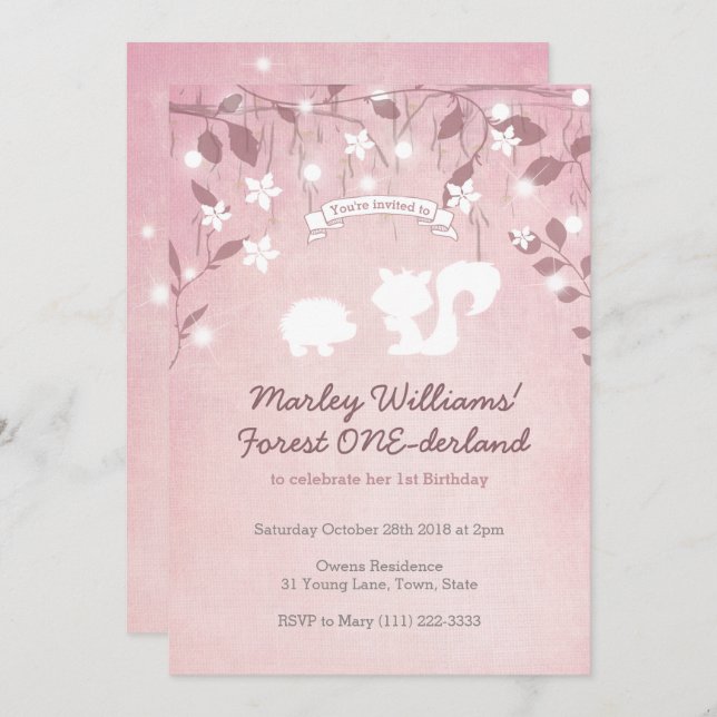 Magical Forest ONEderland Girl 1st Birthday Invitation (Front/Back)