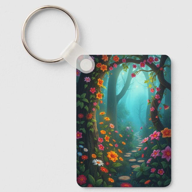 Magical Forest Pathway with Whimsical Wildflowers Key Ring (Front)