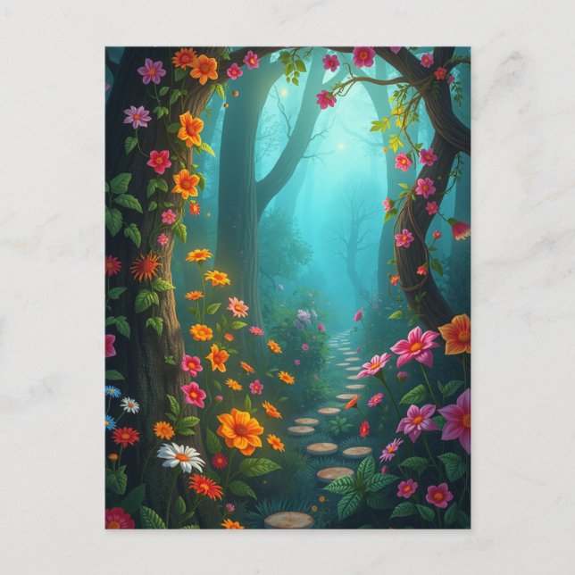 Magical Forest Pathway with Whimsical Wildflowers Postcard (Front)