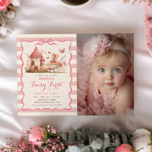 Magical Forest Pink Fairy First Birthday Photo  Invitation